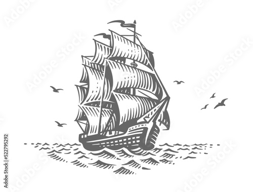 Sailing ship sketch. Old Fashioned Vintage photo