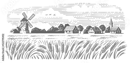 Wheat Organic Farming landscape vector. Farm and Fields with Harvest