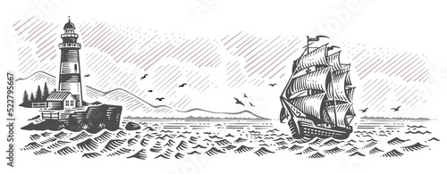 Landscape, sea, sailboat, lighthouse. Hand drawn vector illustration