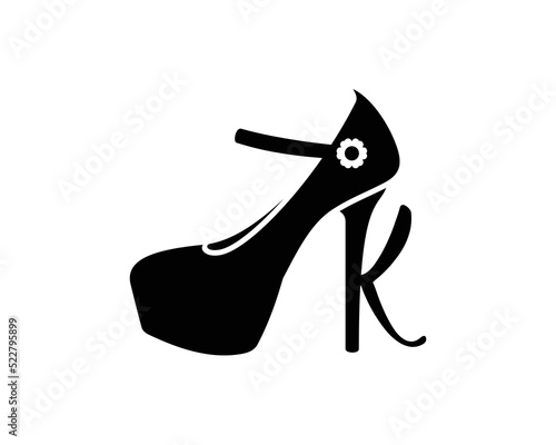 Initial K High Heel Trendy. High heels simple illustration. Women's Shoe Minimalistic Black Lines Drawing. Female Elegant Shoe Continuous One Line Abstract Illustration. Vector EPS 10