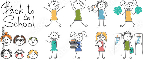 Back to school. Seth Doodle funny characters schoolchildren and teachers. Vector illustration. Isolated background.