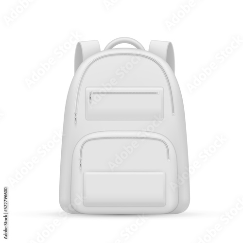 Backpack white elegant rucksack with zip pockets realistic vector illustration. Camping bag