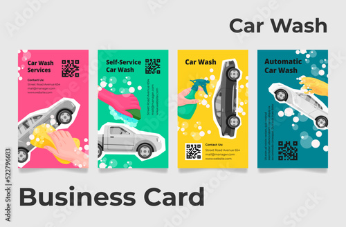 Car wash automatic self service business card set vector illustration. Automobile cleaning