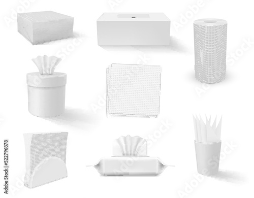 Paper tissue napkins in different roll package storage boxes set realistic vector illustration