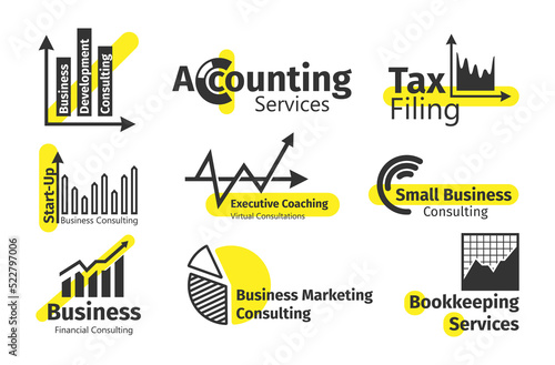 Tax accounting services linear monochrome badge set vector financial information analysis