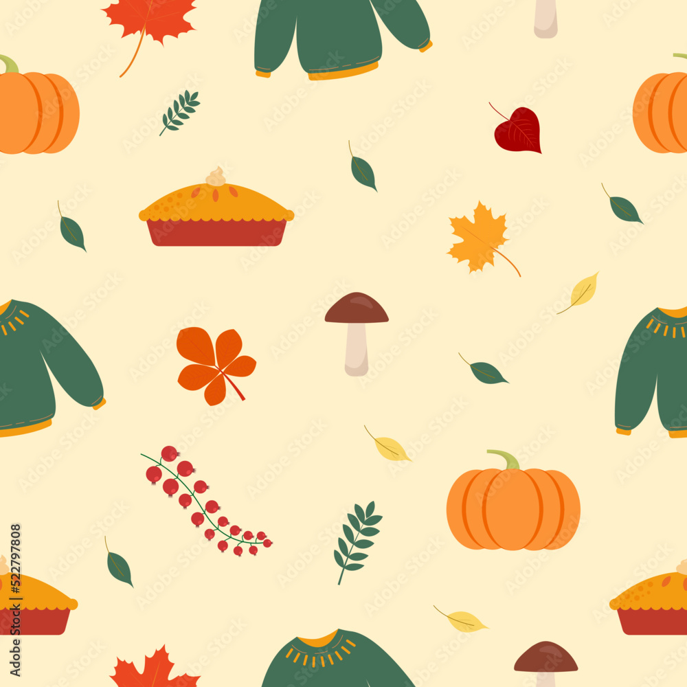 Autumn pattern. Sweater, pumpkin, autumn leaves Vector graphics