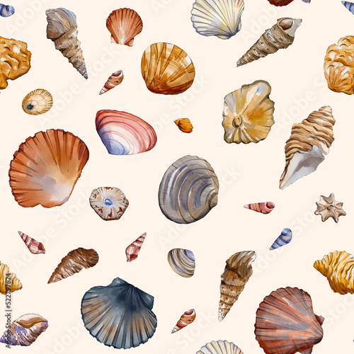 Seashell watercolor seamless pattern. For textile, background, wallpaper