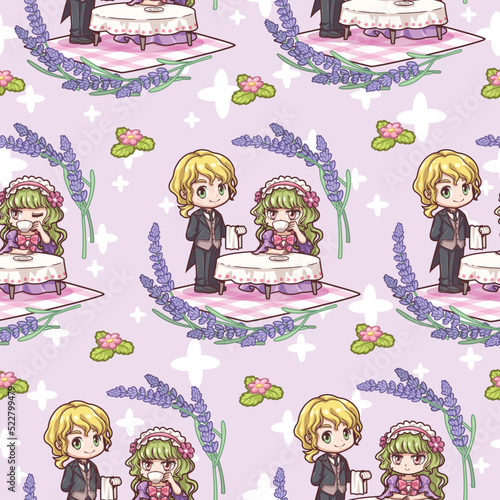 Tea time of lady and butler cartoon pattern, You can be used for backgrounds, cards and more. All swatches are seamless and you will be able to use it for large surfaces.