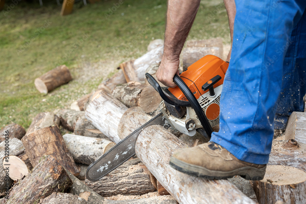 Chainsaw Work in Home Backyard Close up Chainsaw Work in Home Backyard Close up