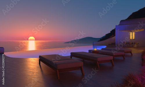 3d render of a swimming pool in the sunset at a hotel in Mykonos, a Greek island in Aegean , a summer relaxed holiday concept
