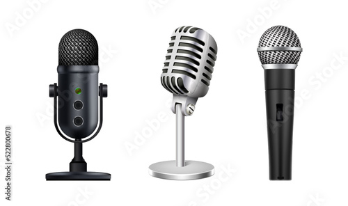 3d realistic icon collection. Music and sound concept. Set of modern microphones. Isolated on white background.