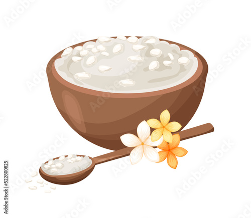 Wooden spoon and bowl full cosmetic sea salt with flowers. Organic crystal for beauty, spa and wellness treatment. Flat vector illustration isolated on white background