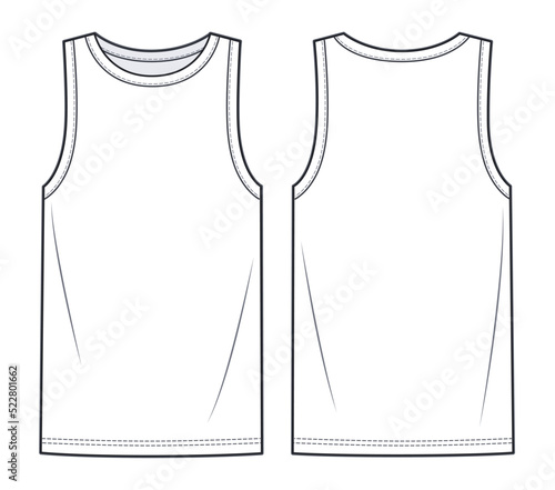 Unisex Tank Top technical fashion illustration. Jersey Tank Top, T-Shirt technical drawing template, crew neckline, front, back view, white colour, women, men, unisex CAD mockup.