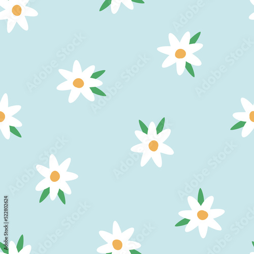 Seamless pattern with white Jasmine flowers, green leaves and blue background