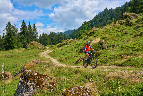 nice senior woman riding her electric mountain bike in the Bregenz Forest mountains near Hittisau, Vorarlberg Austria

 photo