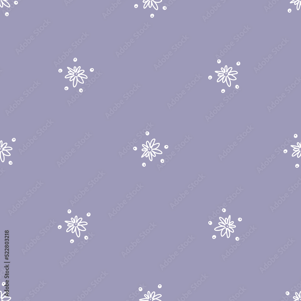 Purple seamless pattern with white hand drawn flowers and dots Purple seamless pattern with white hand drawn flowers and dots