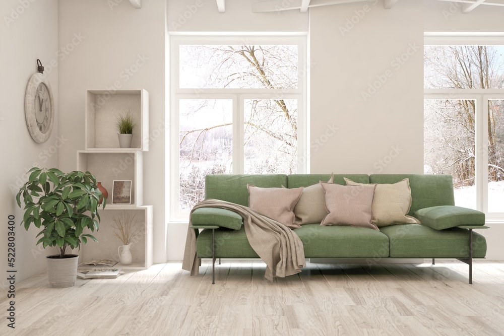 Fototapeta premium White living room with sofa and winter landscape in window. Scandinavian interior design. 3D illustration