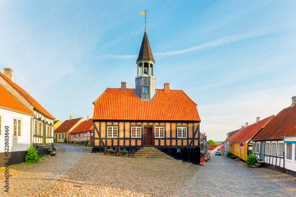 Former Town Hall of Ebeltoft, Jutland, Denmark around sunset. It was built in 1789 and is now in use as a museum.