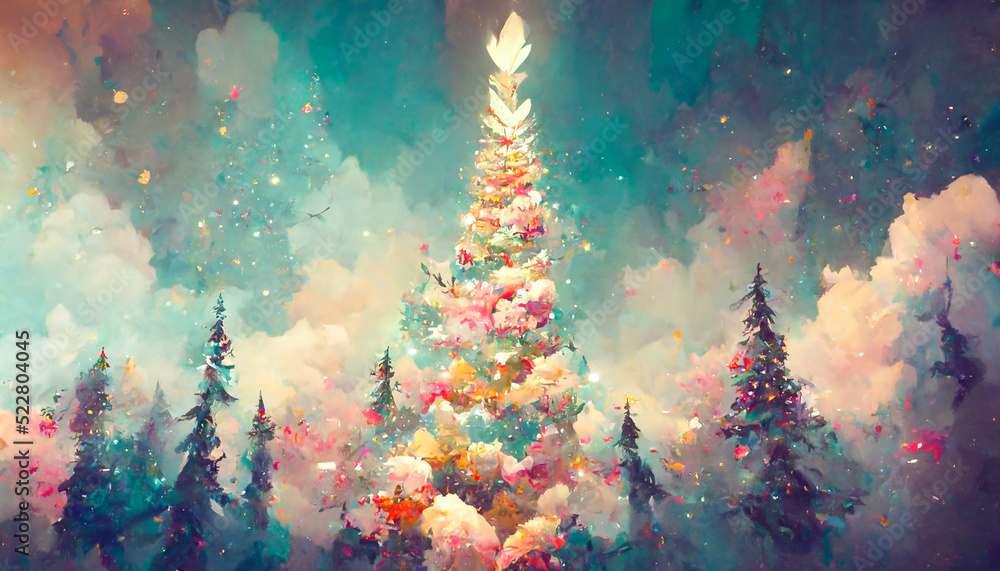 Fairy forest, christmas big snowy fir trees against background. Natural Scenery Realistic Illustration. 3D Render beautiful artwork. Colorful Impressionism.