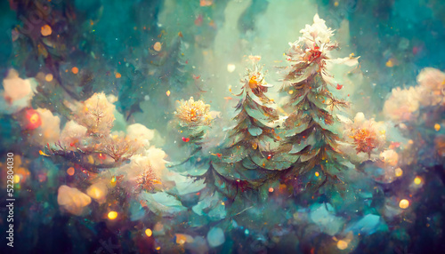 Fairy forest  christmas big snowy fir trees against background. Natural Scenery Realistic Illustration. 3D Render beautiful artwork. Colorful Impressionism.