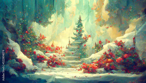 Fotografia Fairy forest, christmas big snowy fir trees against background