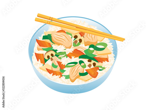 Chicken chop suey with rice icon vector. Bowl with rice, chopped chicken pieces and vegetables icon vector isolated on a white background. American Chinese food drawing