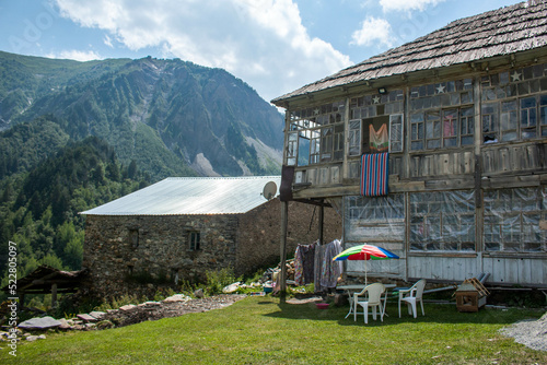Typical guest house in the town of Adishi, to rest between mountains of the Mestia-Ushguli trekking, Georgia.  photo