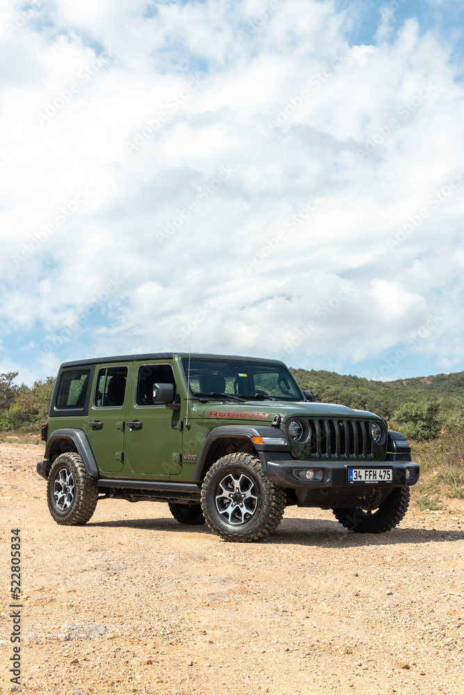 Jeep Wrangler Rubicon is the 4-door off-road vehicle manufactured by Jeep.  Stock Photo | Adobe Stock