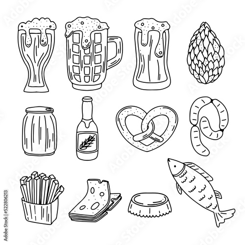 Set of beer in hand drawn doodle style. Beer and snacks in sketch style. Isolated vector illustration.