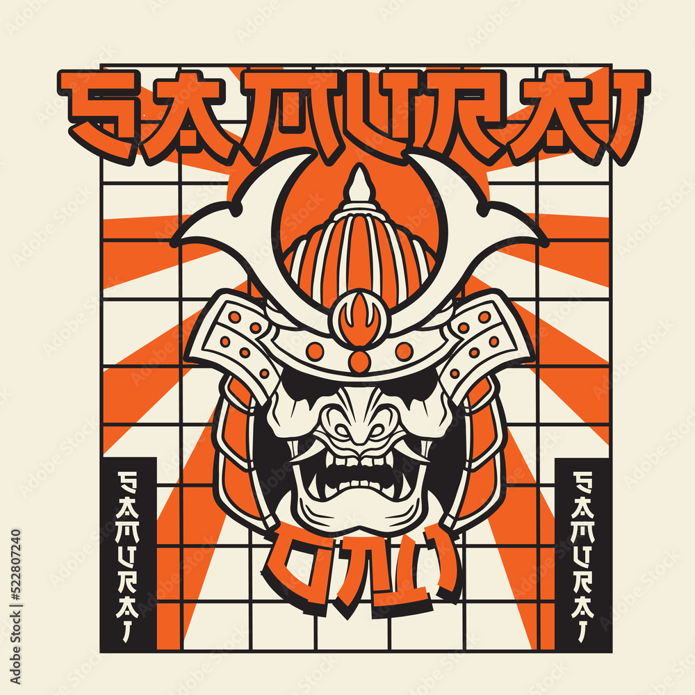 Samurai warrior mask. Traditional armor of japanese warrior. Vector illustration, shirt graphic. All elements; mask, helmet, colors are on the separate layers and editable.