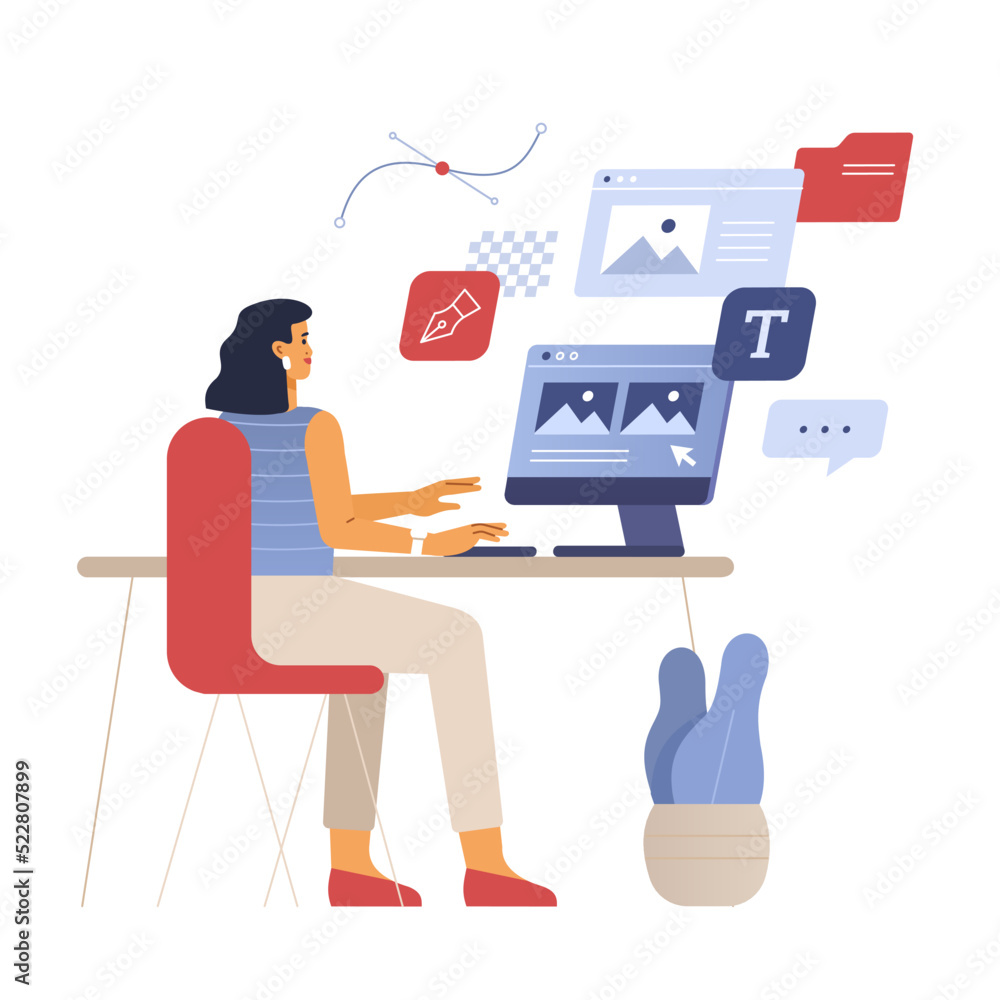 The designer works in the office. Digital artist creates design at a computer with user interface windows. IT professional workflow concept. Vector illustration in flat design isolated on white.