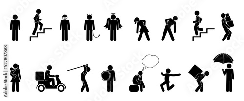 stick figure man icon, isolated human pictogram, people in different poses