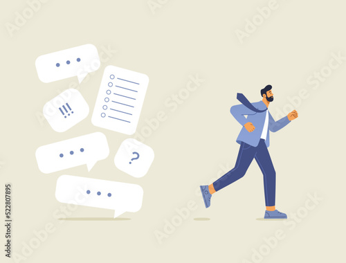 Concept illustration of problems at work and in business. Businessman run away from work problems. Cartoon character and windows with working chats and graphics. Vector illustration in flat design.