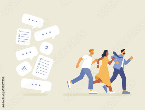 Concept illustration of problems at work and in business. Modern office employees run away from work problems. Cartoon characters and windows with working chats and graphics. Vector in flat design.