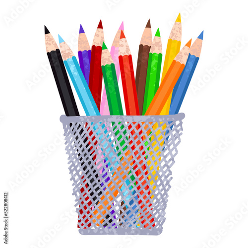 Vector Colorful Illustration of Colored Pencil in pot Isolated on White background