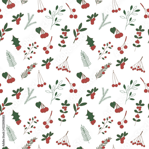 Christmas berries seamless pattern vector illustration, hand drawing