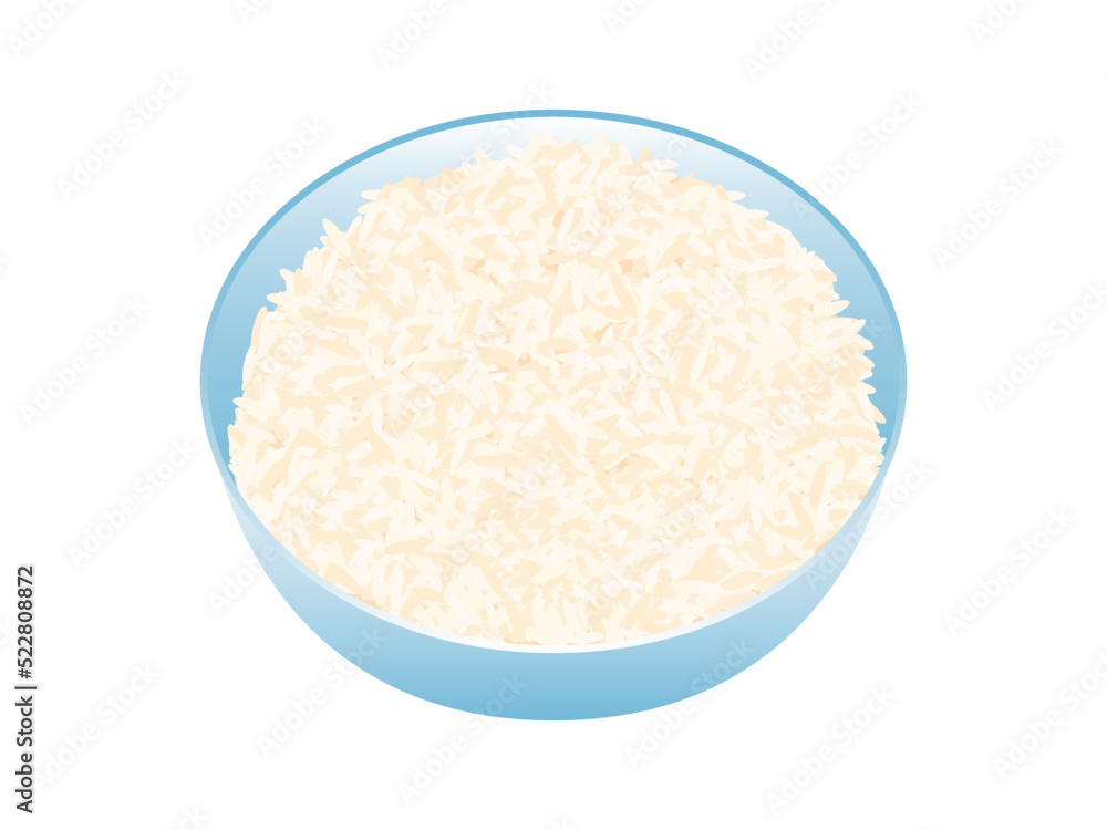 Blue bowl of rice icon vector. Asian staple food design element isolated on a white background. White cooked rice in a bowl vector Blue bowl of rice icon vector. Asian staple food design element isolated on a white background. White cooked rice in a bowl vector
