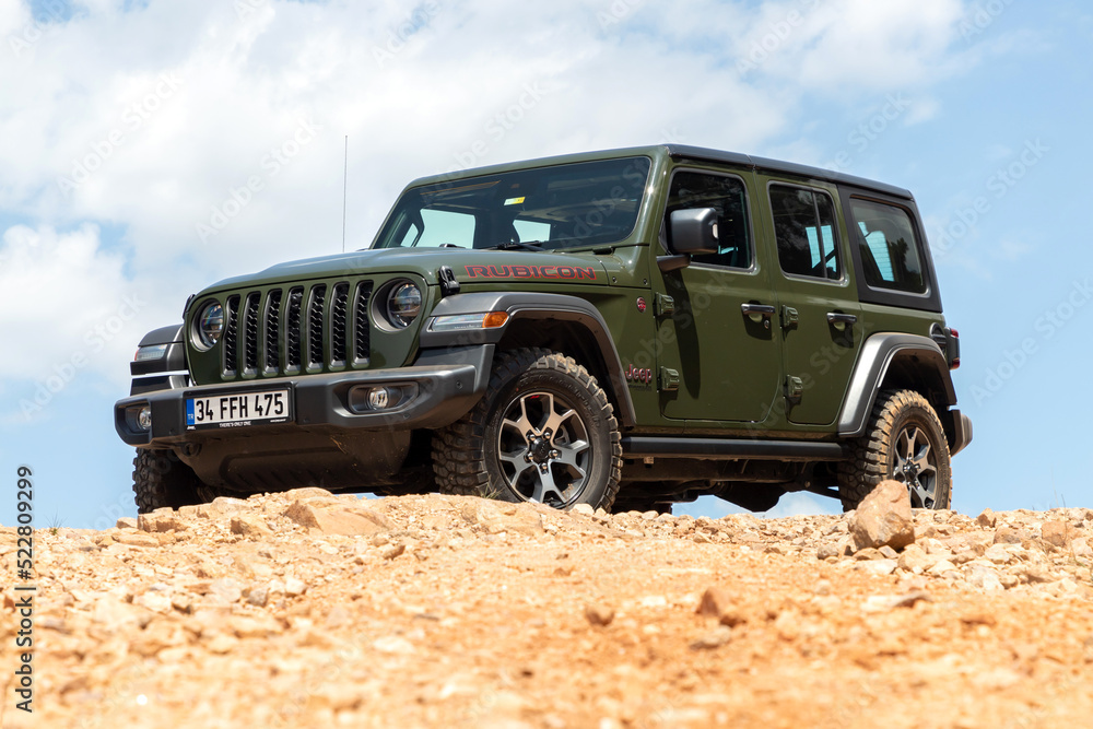 Jeep Wrangler Rubicon is the 4-door off-road vehicle manufactured by Jeep.  Stock Photo | Adobe Stock