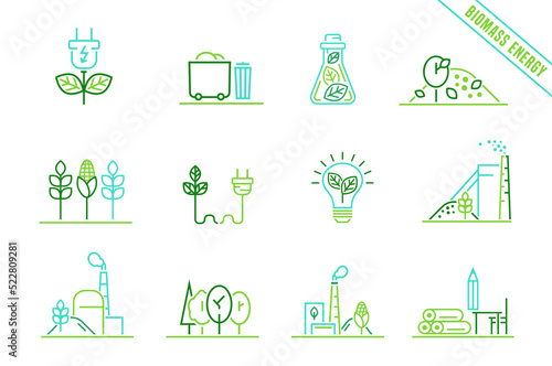 Biomass renewable energy signs collection. Editable vector illustration