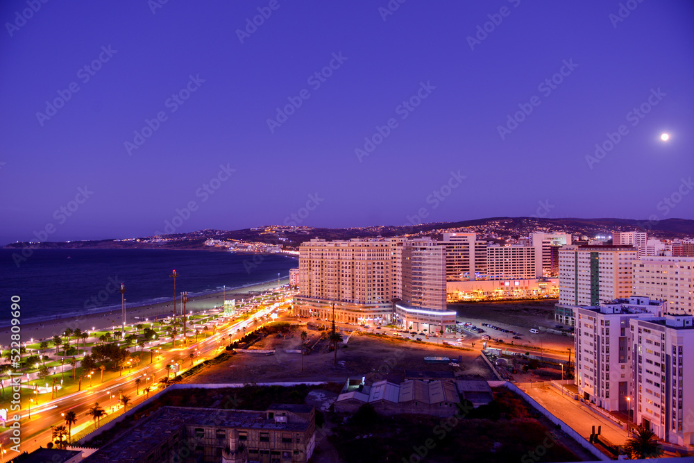 Panoramic View of Tangier City at Night, Morocco.