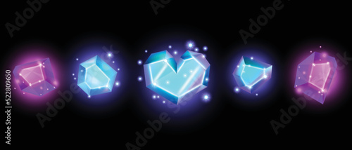 3D crystal gem stone vector set, game glowing magic diamond kit, shiny fairy glass, blue mineral. Geology sparkle rocks, polygon gemstone shapes, rhinestone heart. Bright crystal gem icon collection
