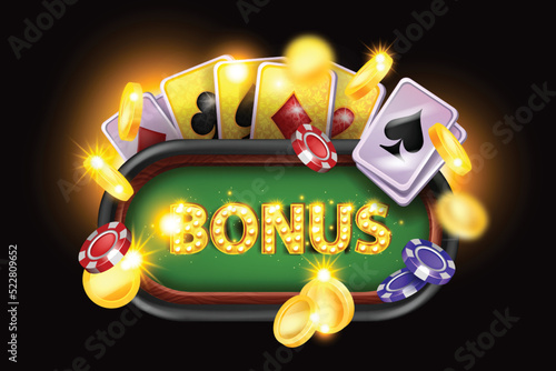 3D online casino welcome bonus background, playing card, vector reward game poster green poker table. Gambling extra loyalty offer, winner competition banner, flying chips. Casino bonus backdrop