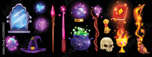 Magic object vector set, witch mirror frame, potion cauldron, witchcraft book, Halloween sticker kit. Alchemy brew, wizard staff, fantasy wand, spiritual crystal ball, fairy broom. Game magic object