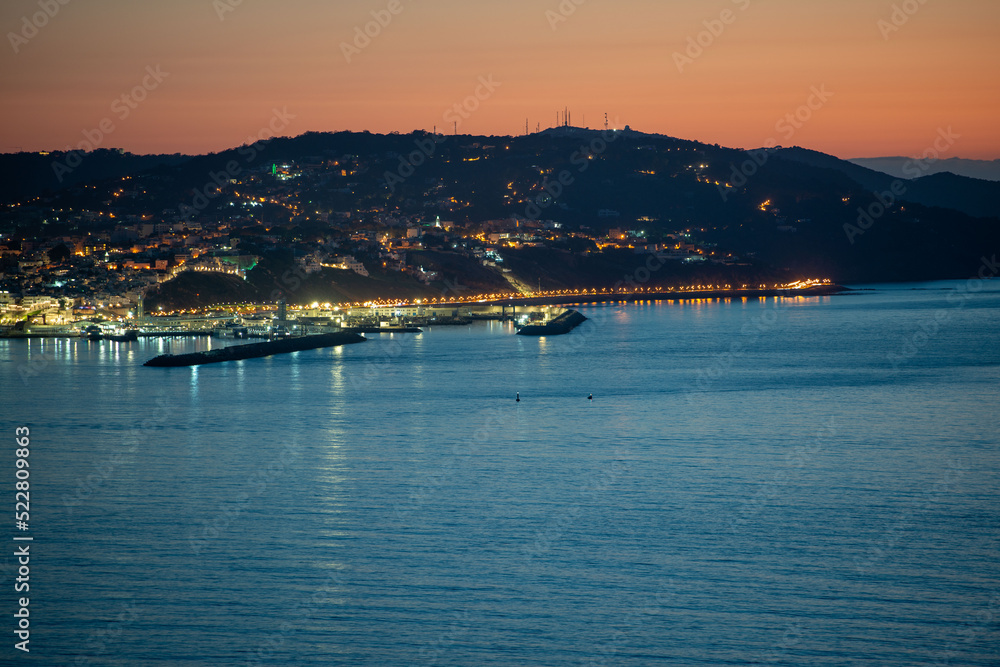 Panoramic view of Tangier at night. Tangier is a Moroccan city located in the north of Morocco in Africa..
