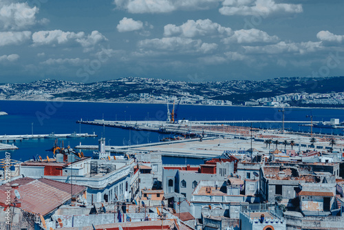 Morocco, Tangier, Port, from Medina Bab el Marsa gate, panoramic view of harbour.