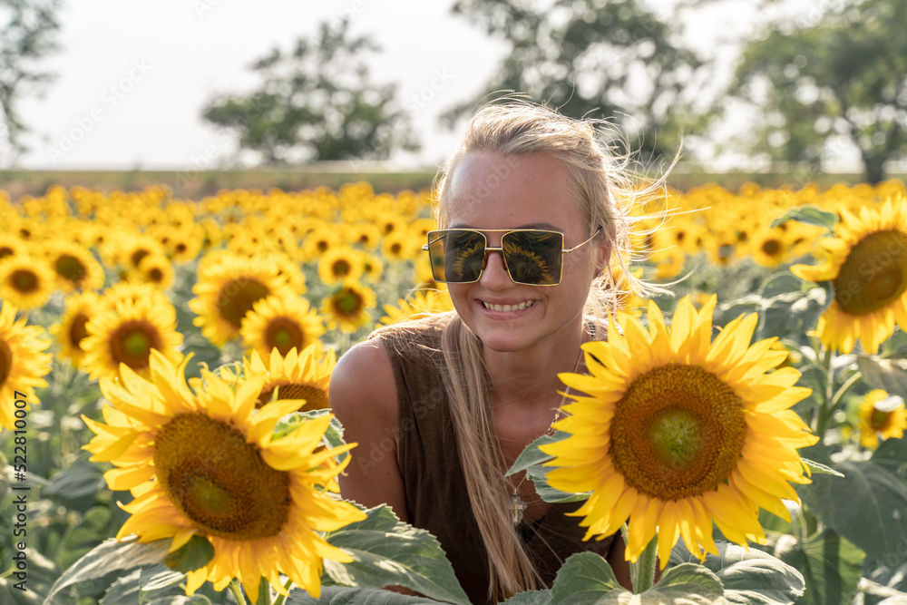 Beautiful woman in sunflower field at sunset enjoying summer nature. Attractive blonde with long healthy hair. Beautiful woman in sunflower field at sunset enjoying summer nature. Attractive blonde with long healthy hair.