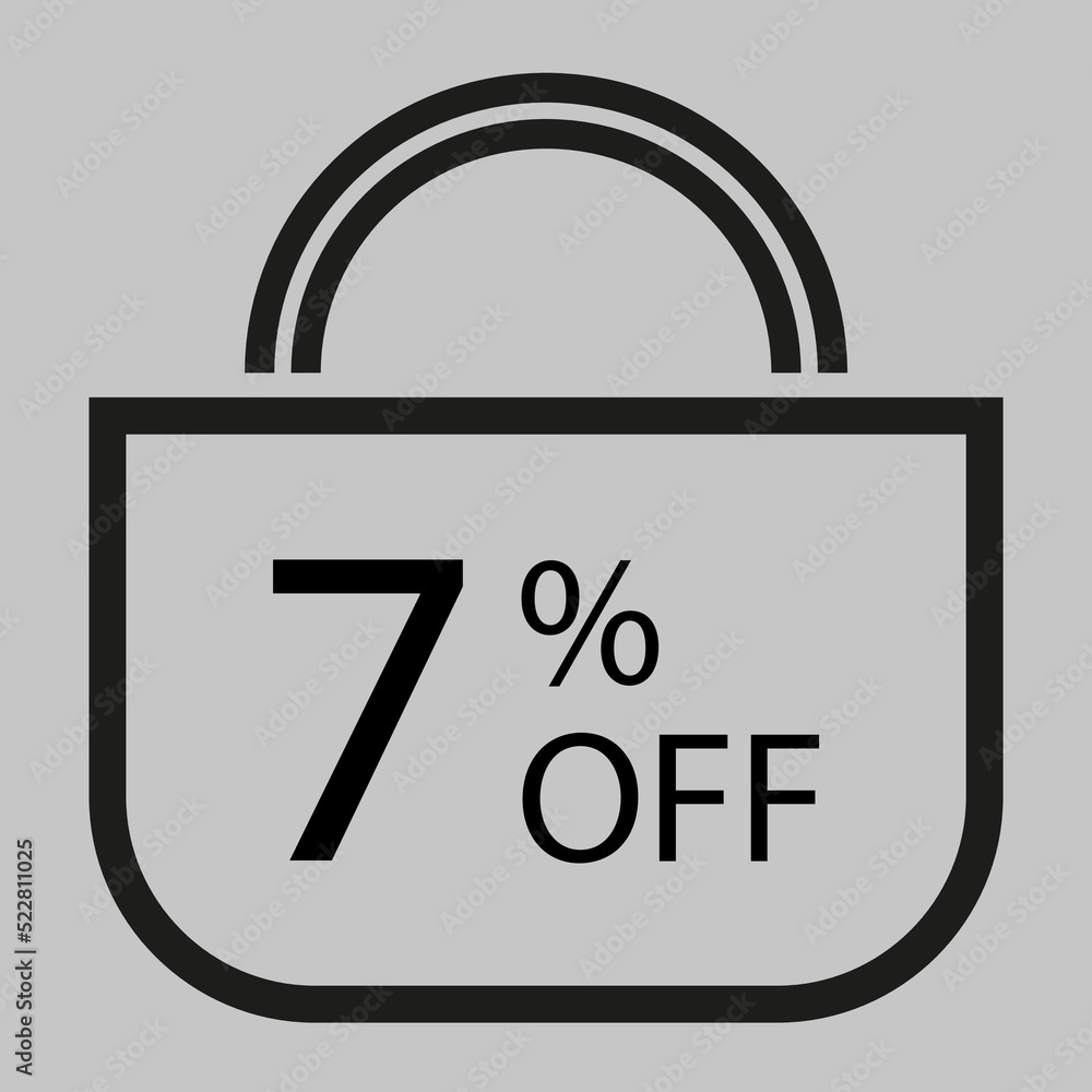 7 percent off. Gray banner with shopping bag illustration. 7 percent off. Gray banner with shopping bag illustration.