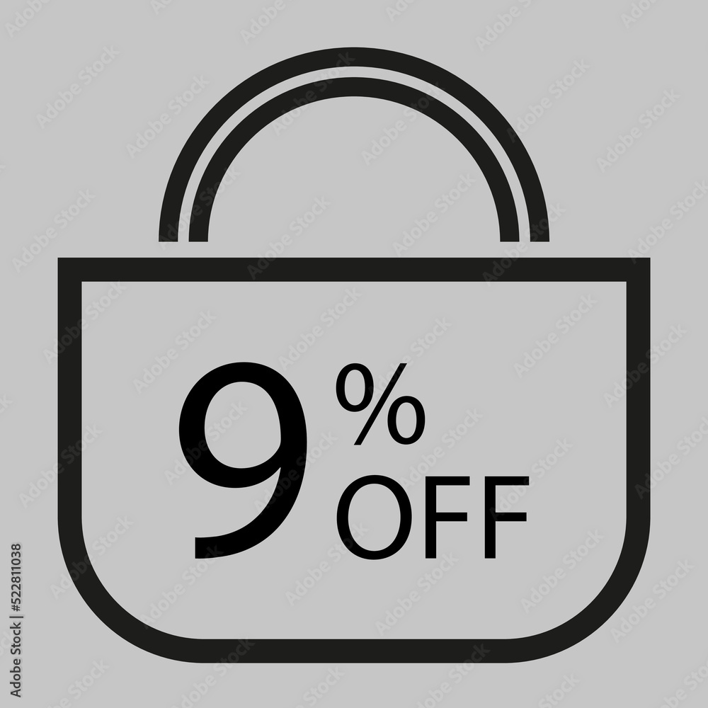 9 percent off. Gray banner with shopping bag illustration. 9 percent off. Gray banner with shopping bag illustration.