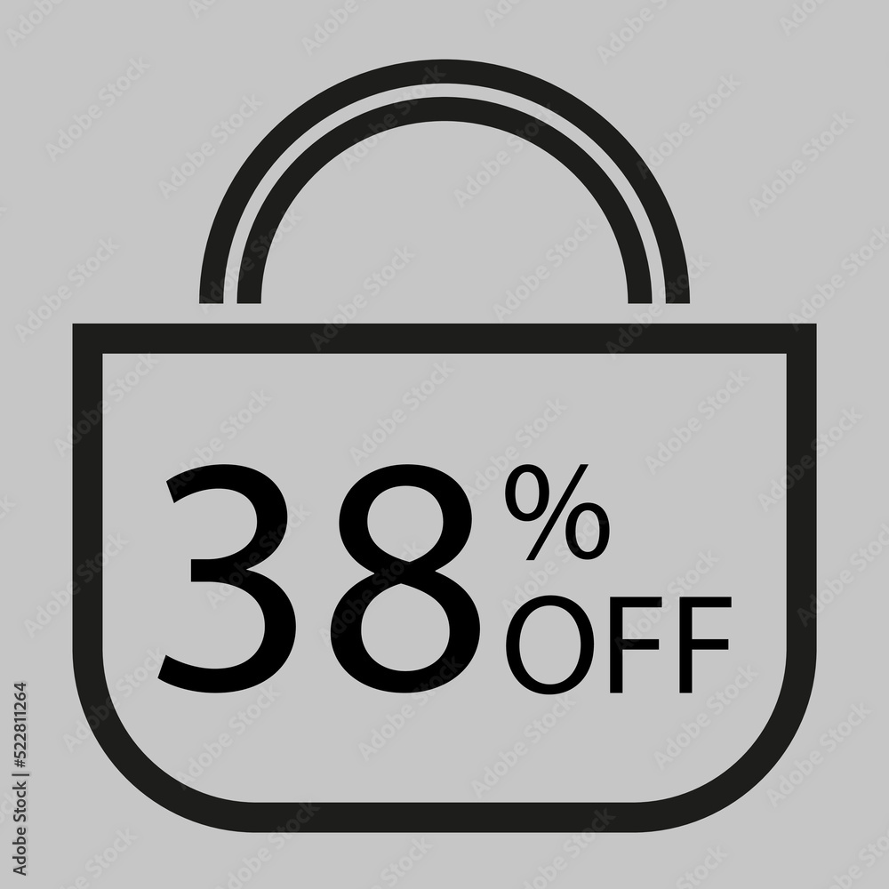 38 percent off. Gray banner with shopping bag illustration. 38 percent off. Gray banner with shopping bag illustration.