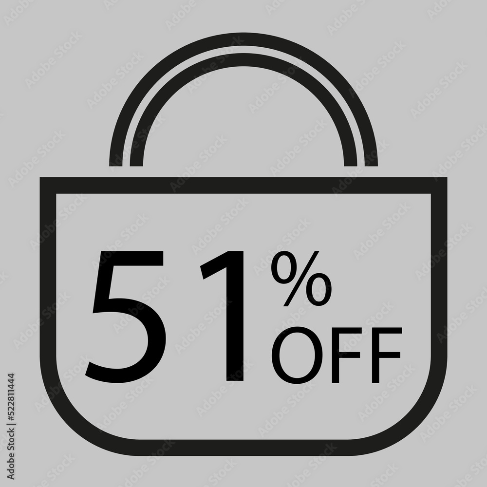 51 percent off. Gray banner with shopping bag illustration. 51 percent off. Gray banner with shopping bag illustration.